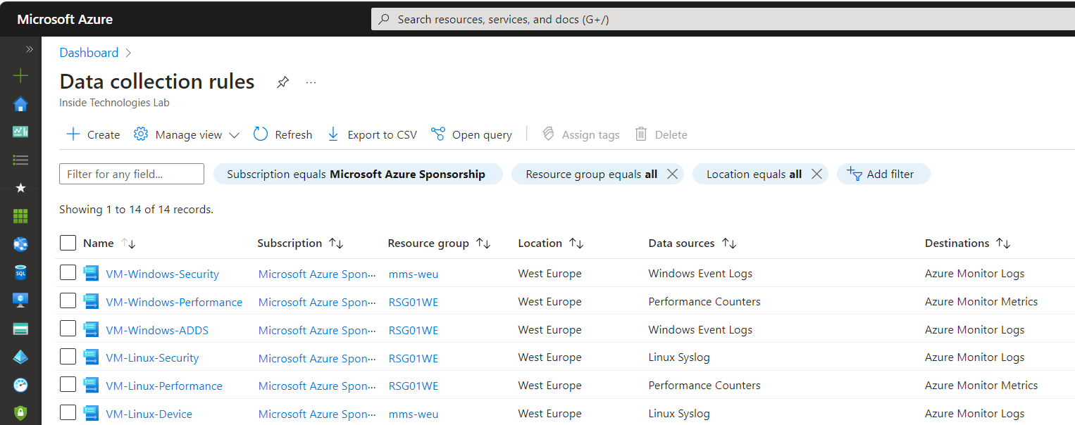 Data Collection Rules Configuration - sentinel step 03