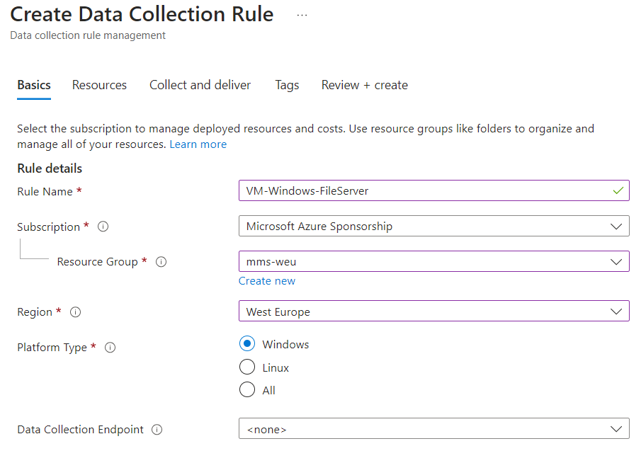 Data Collection Rules Configuration - sentinel step 04