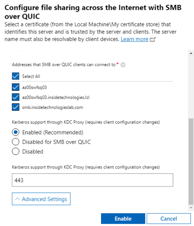 File Server Configuration - smbquic step 11